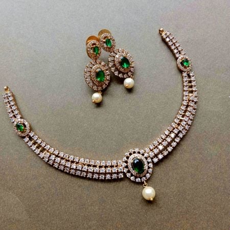 Handmade Brass Metal Jewellery Green Pearl Necklace Set